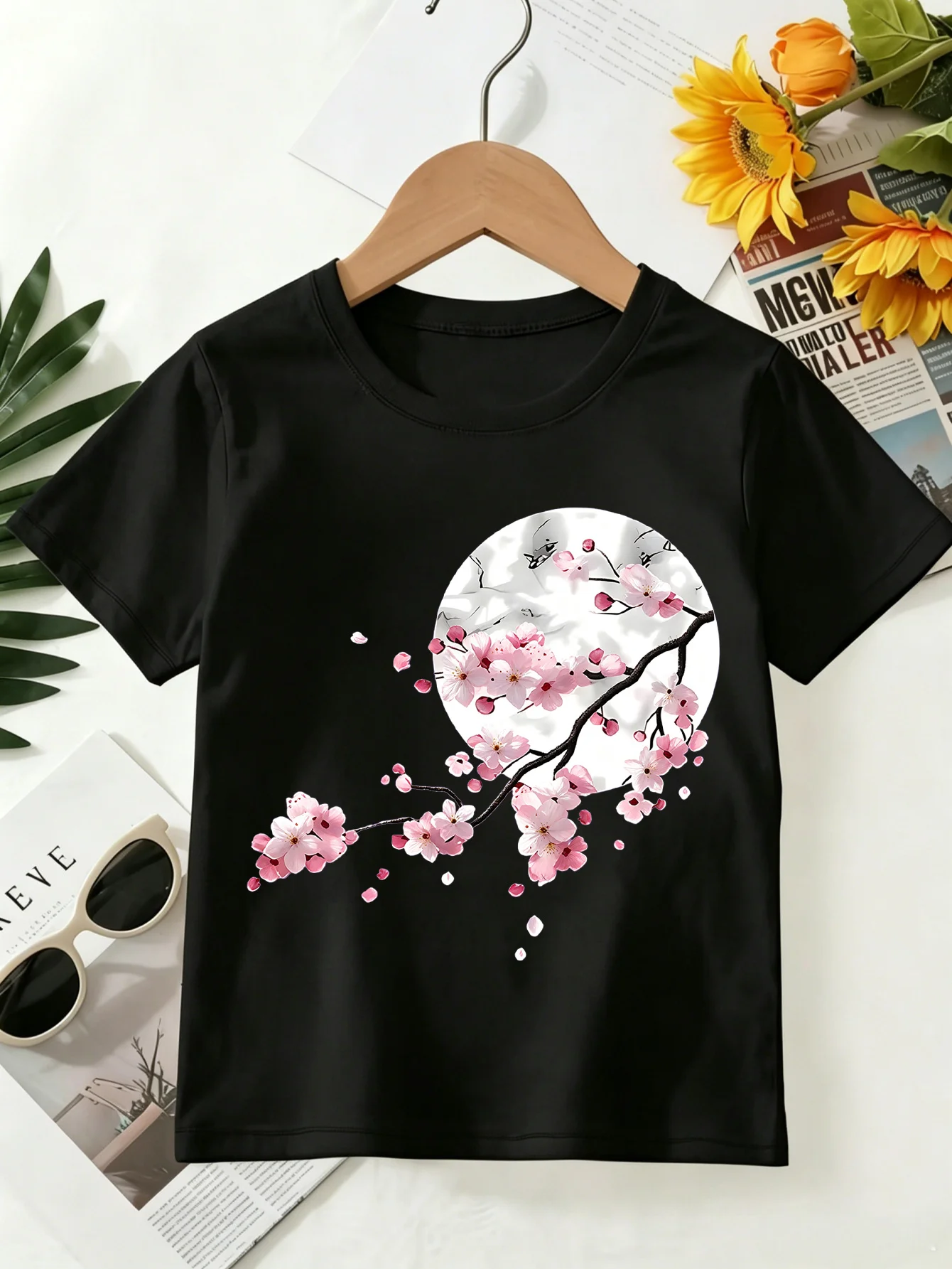 Japanese Falling Cherry Blossom Round Moon Floral Art Print Kids T Shirt Boys Girls Family Matching Summer Crew Neck Casual Tee