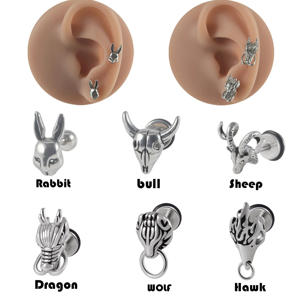 

1PC Surgical Steel 16G Bull Sheep Dragon Rabbit Ear Cartilage Tragus Helix Earring Stud Earring Lobe Body Piercing Jewelry