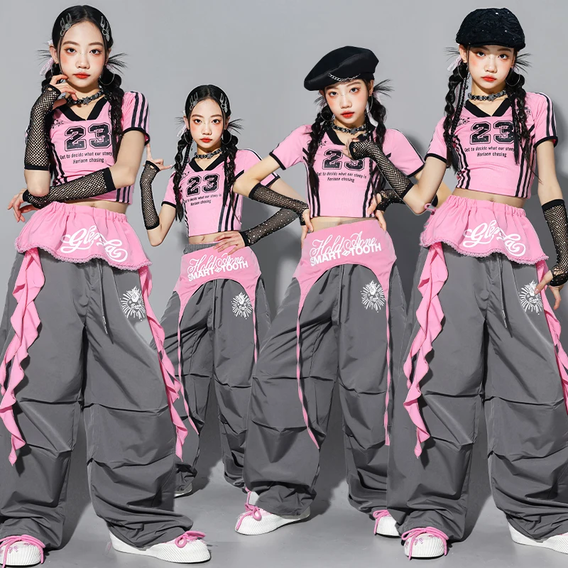 

Комплекты одежды для девочек: укороченный топ с бабочками в стиле K-pop, брюки карго, уличные наряды для детей и подростков, хип-хоп, джаз, одежда для девичьих групп