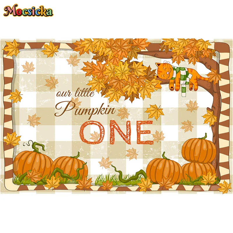 A Little Pumpkin One Birthday Party Photo Background Fall Maple Leaves Cat Cake Table Decor Banner Autumn Kids Portrait Backdrop