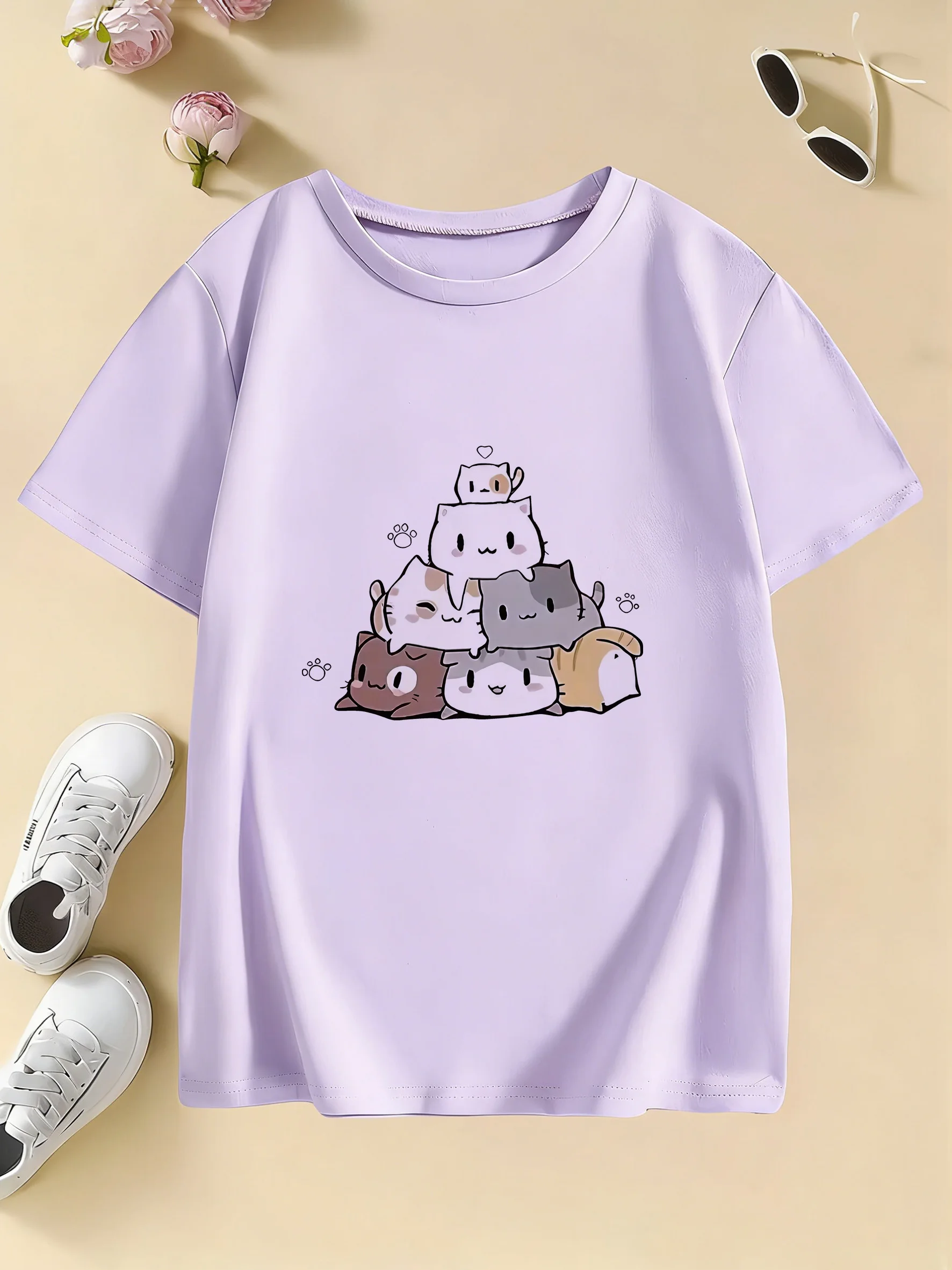 Kawaii Meme Cat Funny T Shirts Manga Kids Children's T-shirt Boys Girls Summer Spring Casual Top Tee Shirt