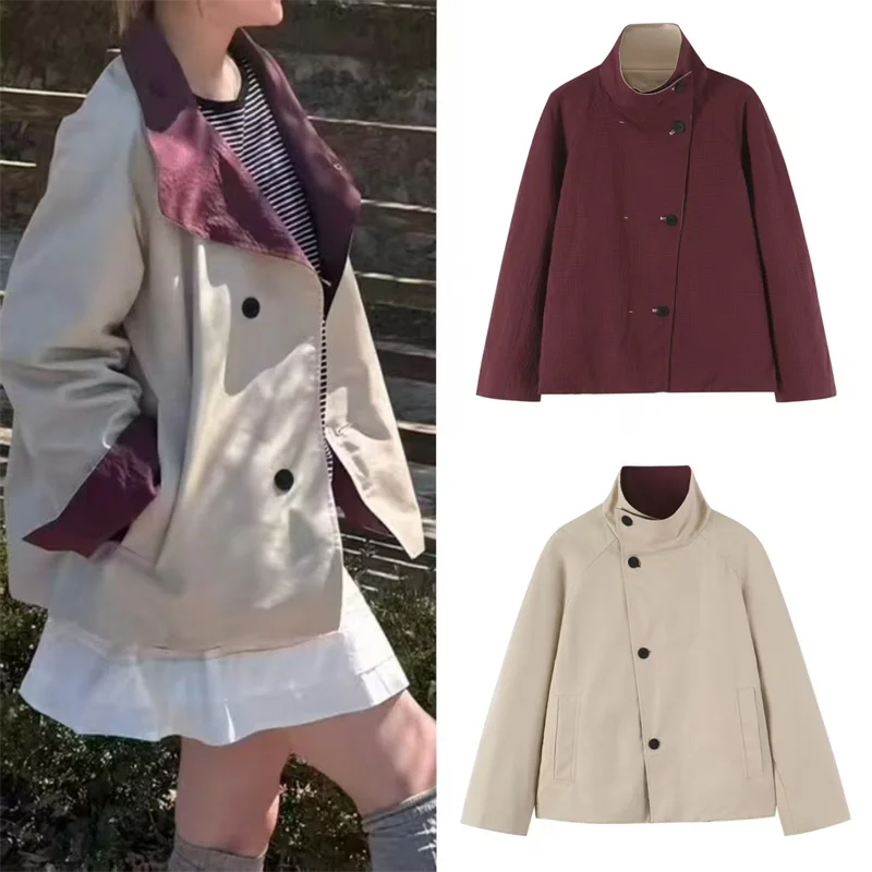 Guobioziy 2026 Women's Jacket Autumn/Winter New Light Khaki and Wine Red Reversible Stand Collar Loose Trench Parka Casual