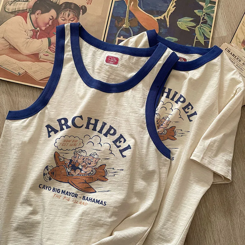 Xie Xianshen Retro Sport Vest Men's American Cartoon Nostalgic Full Cotton Sleeveless Shoulder Pad Sweat Vest Trendy Brand