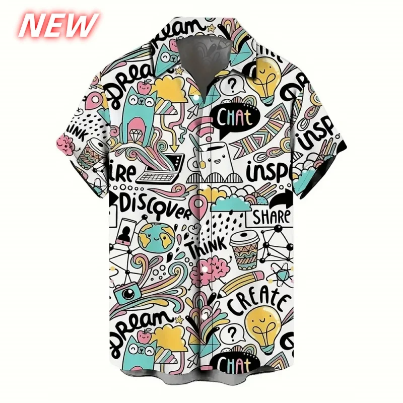 

Гавайская рубашка с мультяшным радужным узором для мужчин, красочная геометрия, рубашки Aloha с 3D принтом, летние повседневные блузки с короткими рукавами, топы