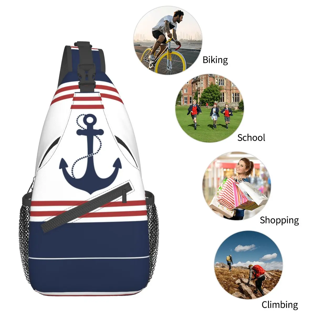 Mochila cruzada de marinero con ancla náutica, bolso de pecho pequeño, rayas rojas, mochila de hombro para playa, senderismo, ciclismo al aire libre