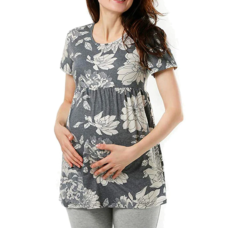 Women Pregnancy Casual T Shirt Maternity Summer Short Sleeve Dot Print Tees Tops Pregnant Tunic Blouse Maternity Clothing