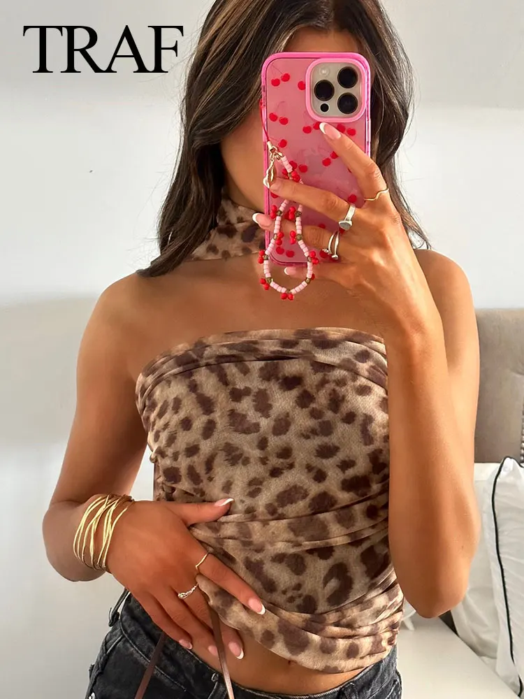 TRAF 2024 Top a tubo con stampa leopardata da donna Hotsweet Tulle Halterneck Off-spalla Slim senza maniche pieghe Chic Sexy Top femminili Y2K