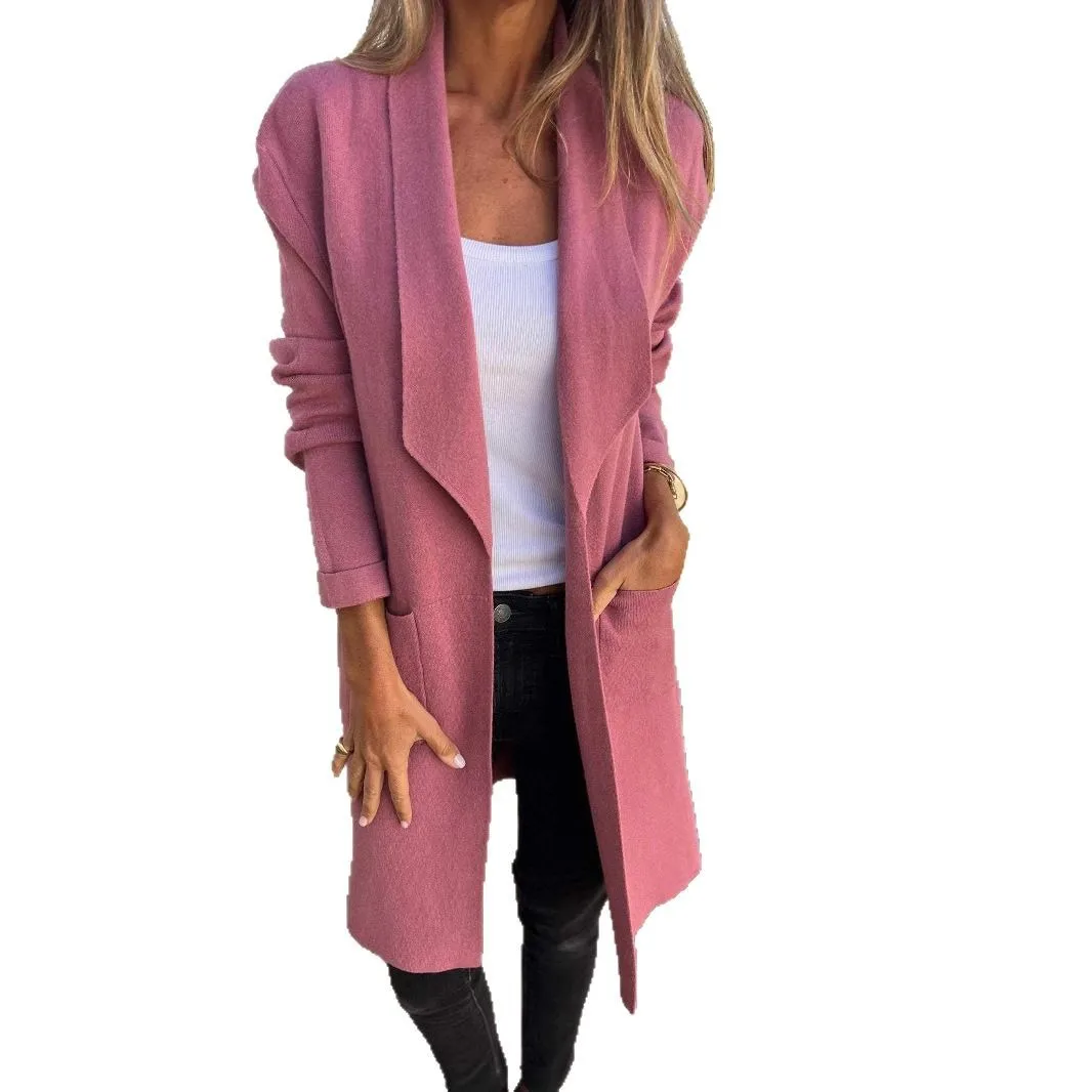 Cardigan leggero con risvolto con tacca per donna Cappotto in maglia medio-lungo aperto sul davanti Capispalla sottile 2026
