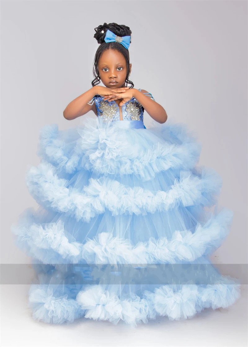 

Sky Blue Tulle Flower Girl Dress Puffy Ruffles Elegant Beading Sleeveless Ball Gowns African Child Birthday Party Dress