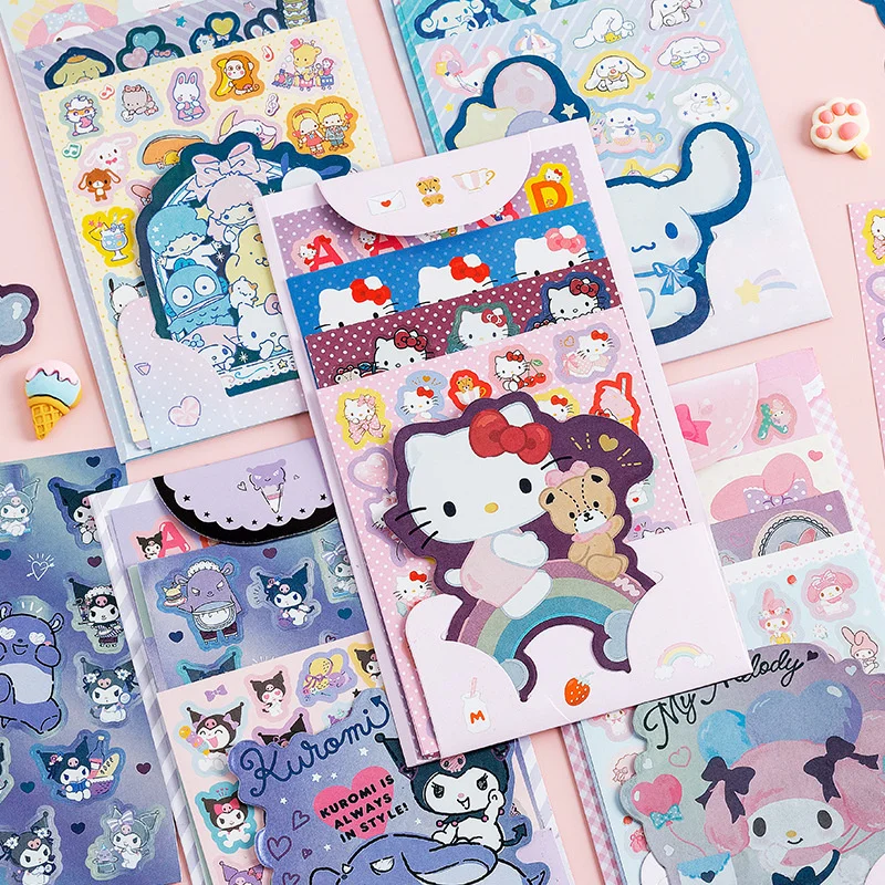 12set/lot Sanrio Kuromi Melody Cinnamoroll Cat Stickers Set Cute Scrapbooking DIY Diary Decorative Sticker Album Stick Label