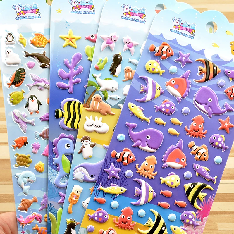 1 sheet Cartoon Shark Dolphin 3D Bubble Sticker Children's Toys Marine Life Small Fish Crab Turtle Reward Small Sticker Random 