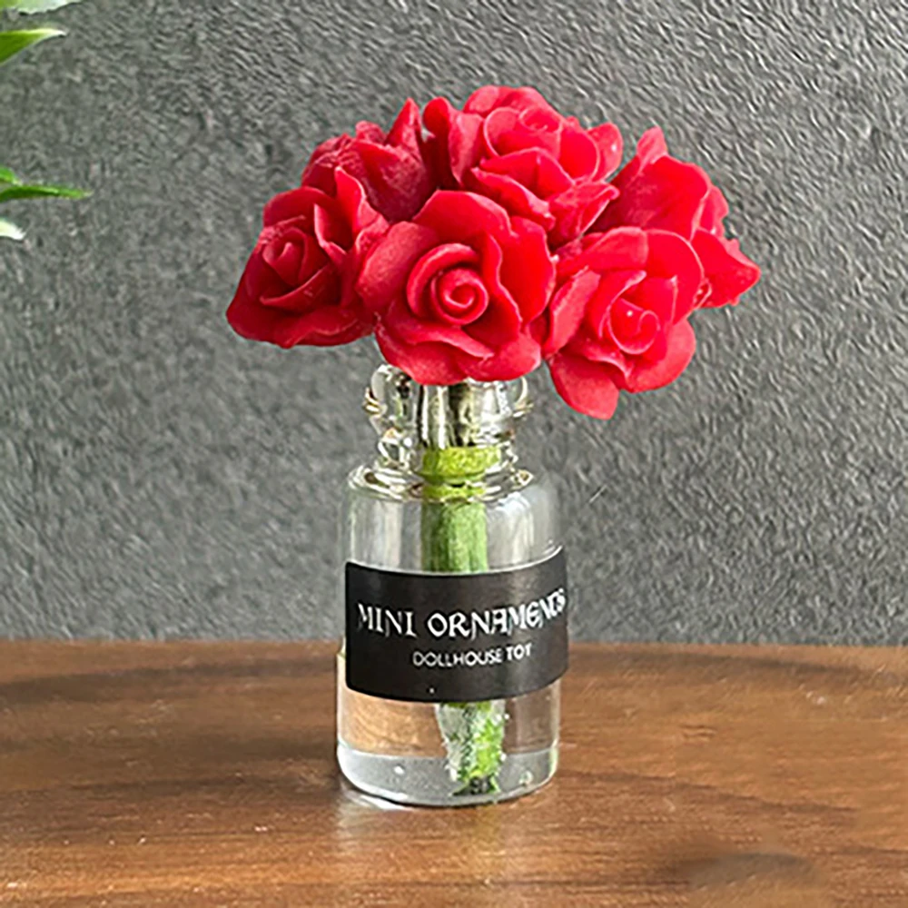 1/12 Dollhouse Miniature Roses Bottle Mini Potted Roses Flower Model Toy for Doll House Accessories Decoration OB11