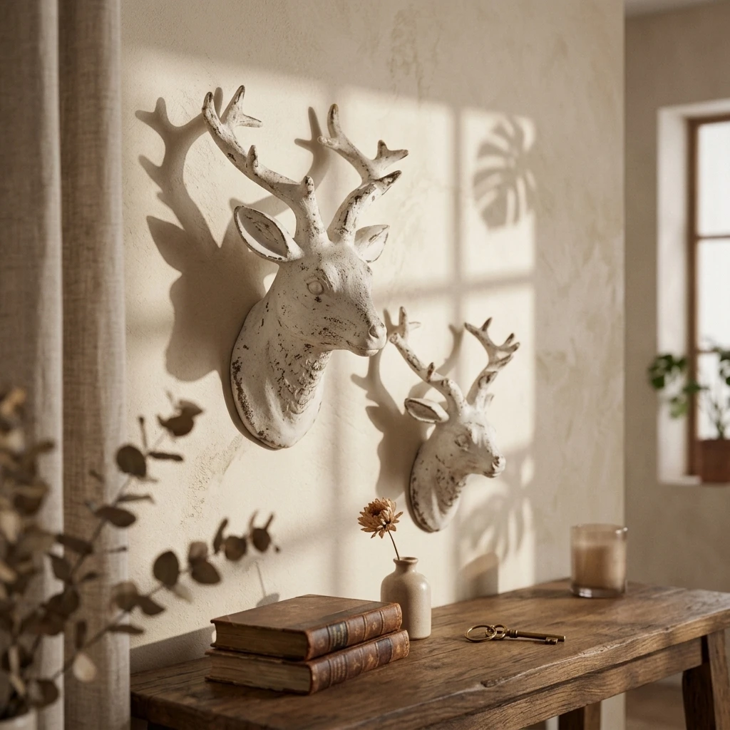 2 Pieces Deer Head Wall Decor 3D Deer Head Wall Hanging Shabby Chic Eye-Catching for Living Room, Entryway