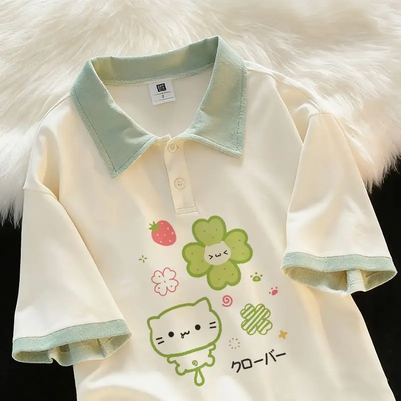 Japanese Sweet Four-leaf Clover Cartoon Cat Short-sleeved Polo Shirt Summer Loose Casual All Match Shirts Women Camisas Mujer