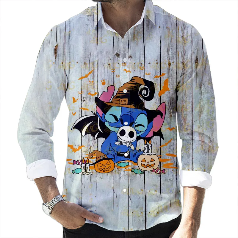 Halloween Fall Pop Disney Brand Stitch and Mickey Cartoon Casual 3D Printed Long Sleeve Lapel Shirt Slim Fit Men's Top y2k