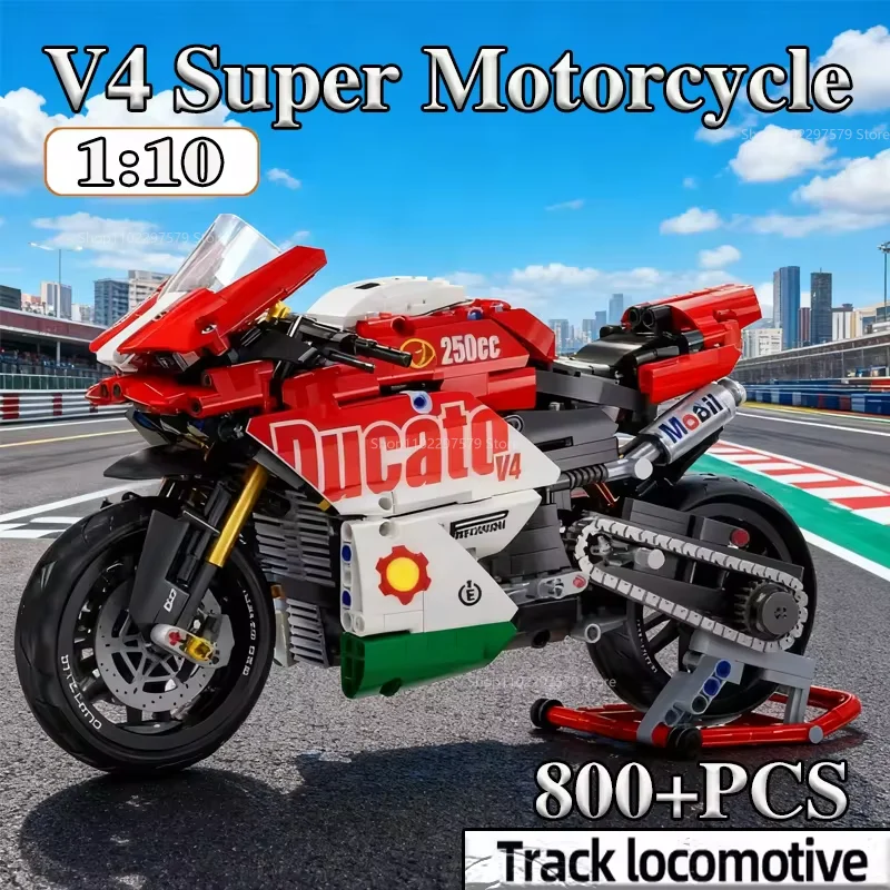 الأحمر V4 دراجة نارية اللبنات مجموعة سوبر دراجة نارية أطقم منمذجة سباق الفنية الاطفال تجميعها DIY لعبة الهدايا للبنين والبنات