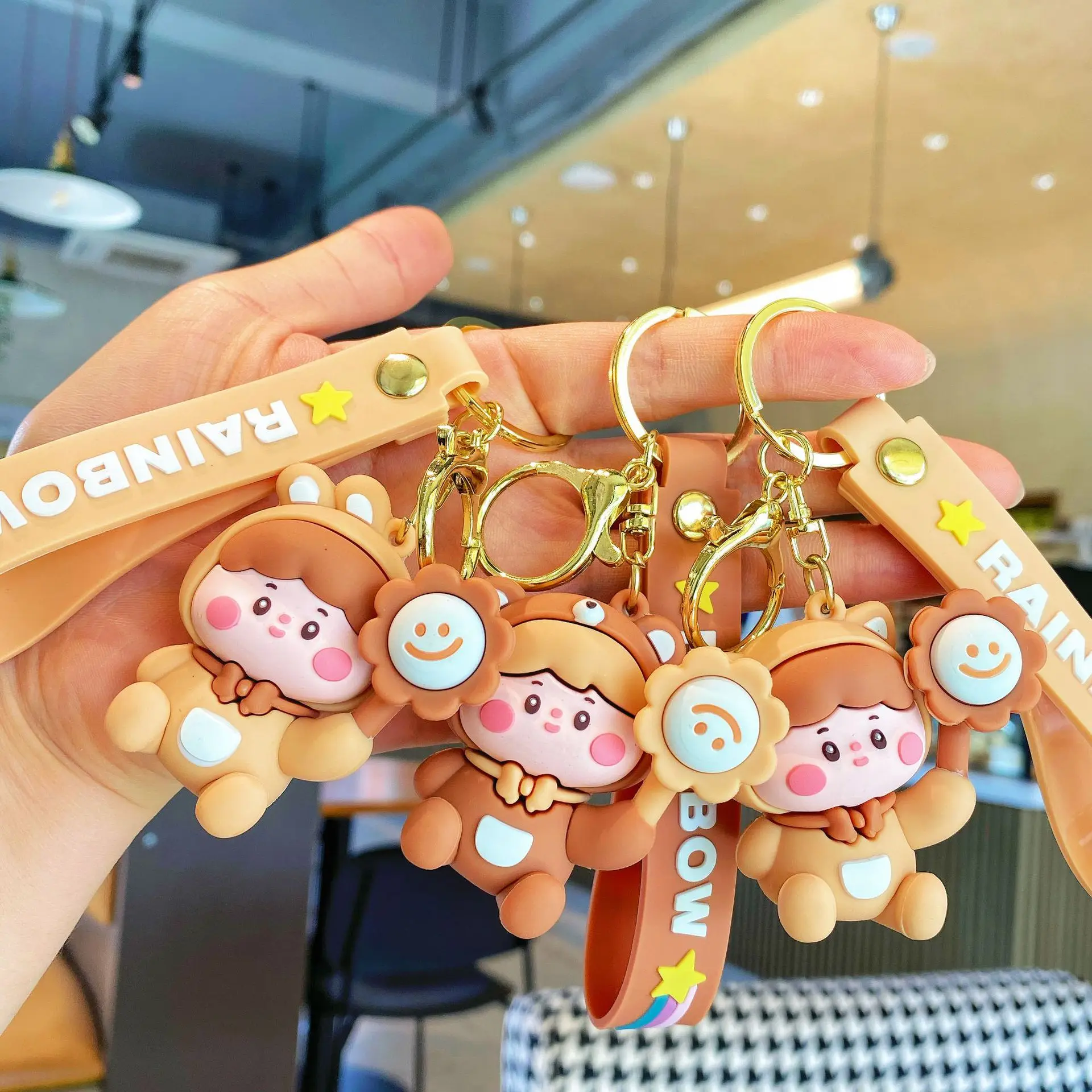 Cartoon Caramel Milk Tea Doll Keychain Kawaii Rabbit Cat Animal Gyratory Sunflower Accessory Keyring for Couple Bag Car Pendant