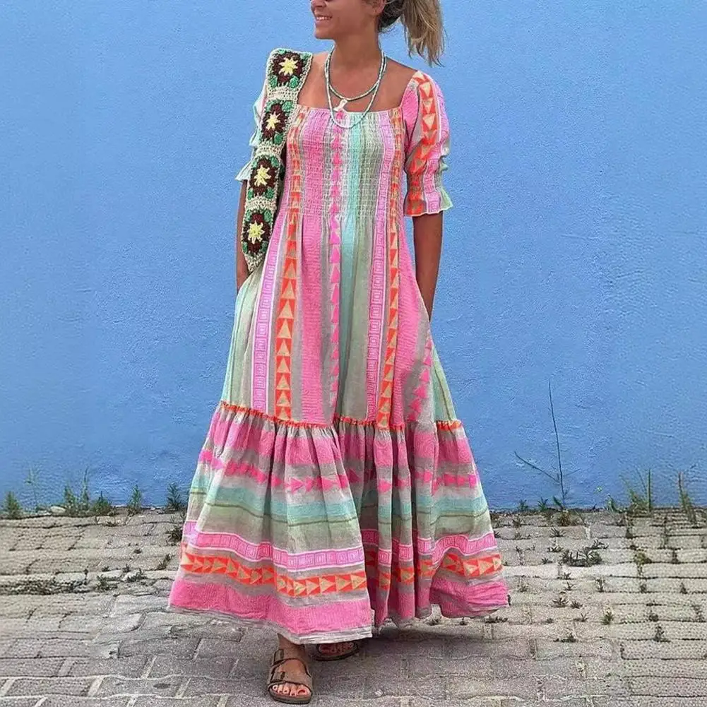 Lady Maxi Dress Bohemian Style Geometric Print Maxi Dress for Women Square Neck Pleated Patchwork Half Sleeves Vacation Beach
