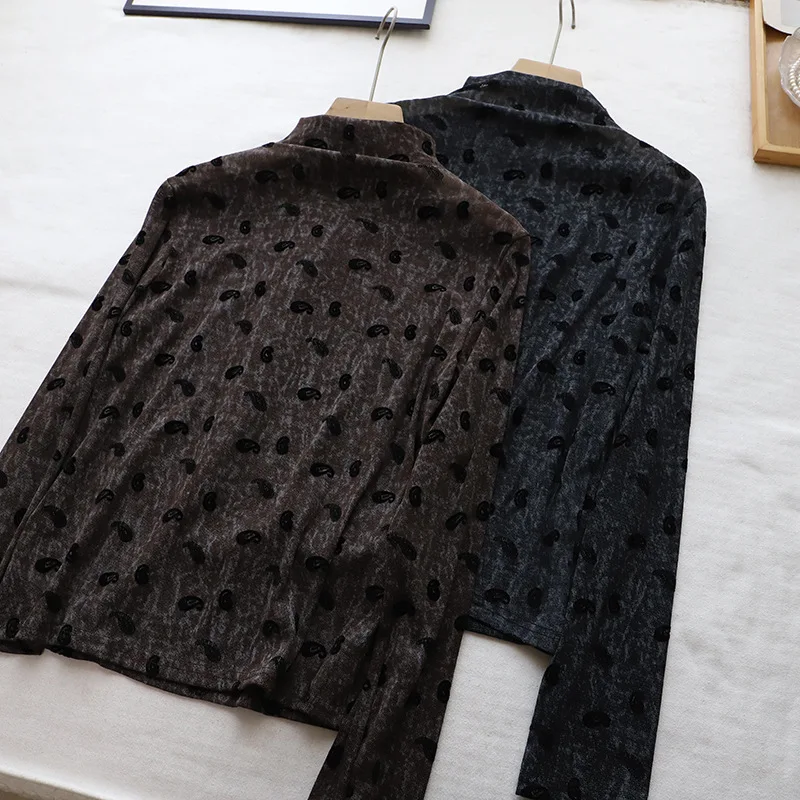 Ele f ذوي الياقات العالية رقيقة لي طويلة Sve تي شيرت المرأة أوائل الخريف جديد Sle Caew زهرة قاعدة عائمة irt