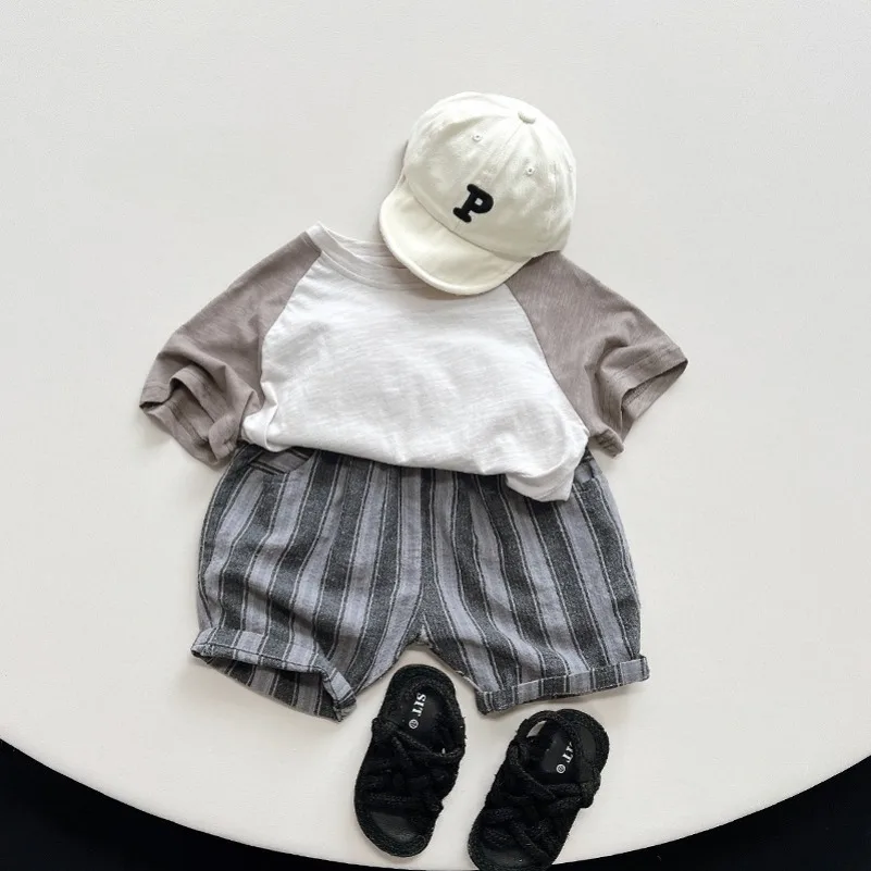 

T-Shirt Contrast Color Loose Fit Korean Style Casual Top for Boys and Girls Kids 2025 Summer New Cotton Short Sleeve