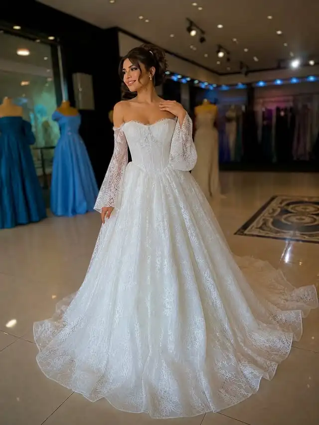 Customized Off Shoulder Wedding Dress Detachable Long Lace Sleeves Sweetheart Corset Back Lace Ball Gown Bridal Dress