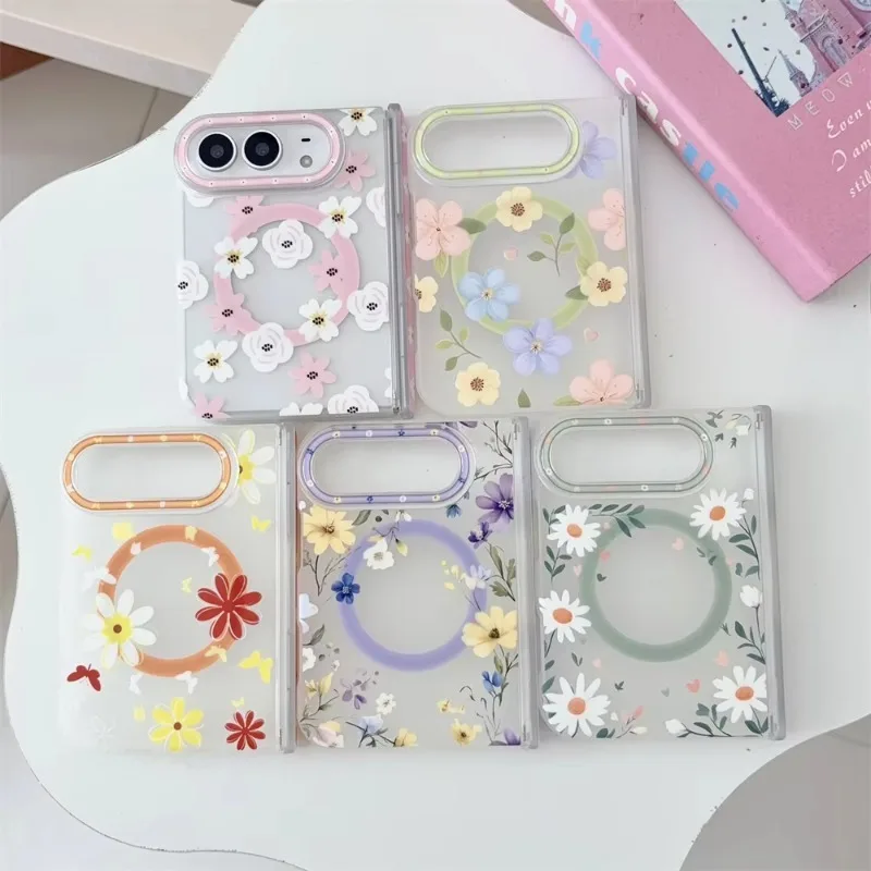 New Korea Kawaii Cartoon Magnetic Phone Case For iPhone Duo Foldable Body Hinge Protective Cover Cute Cases Shockproof Shell