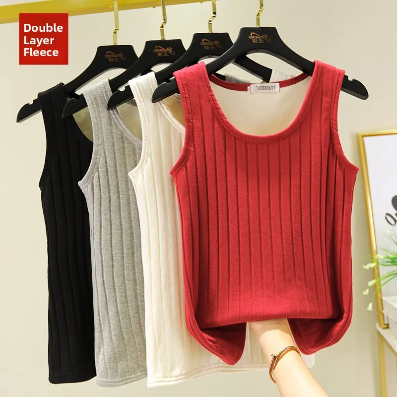 Thickened Fleece Lined Pure Cotton Warm Vest Women's Slim Fit Inner Wear Underwear Big Size Strap on Top  Color Commute ...