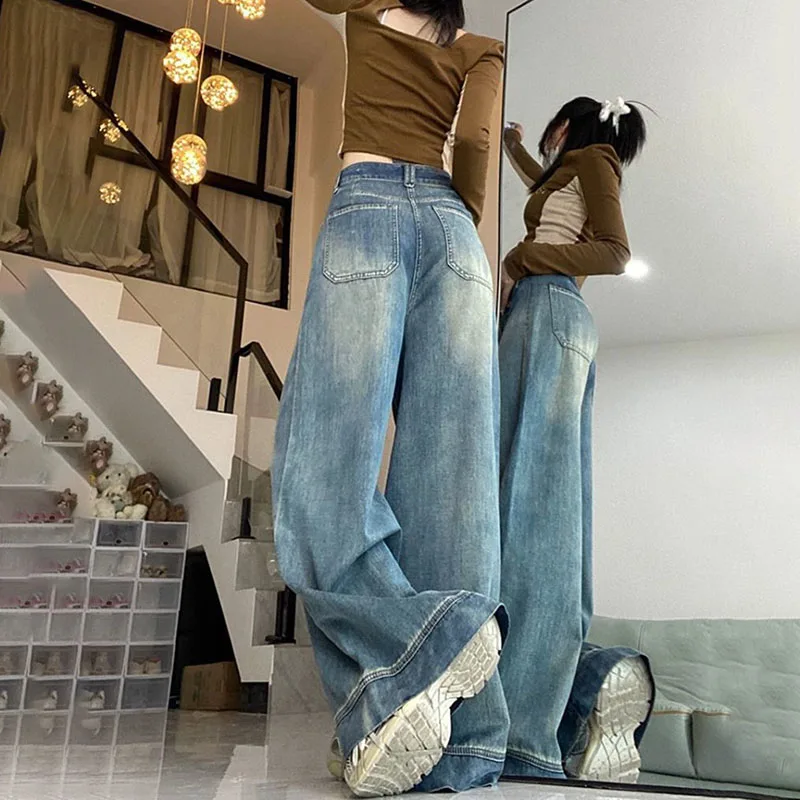 レトロワイドレッグジーンズ女性の春秋の新作ルーズフロアレングスパンツ、デザインセンス女性カジュアルデニムストレートレッグパンツ