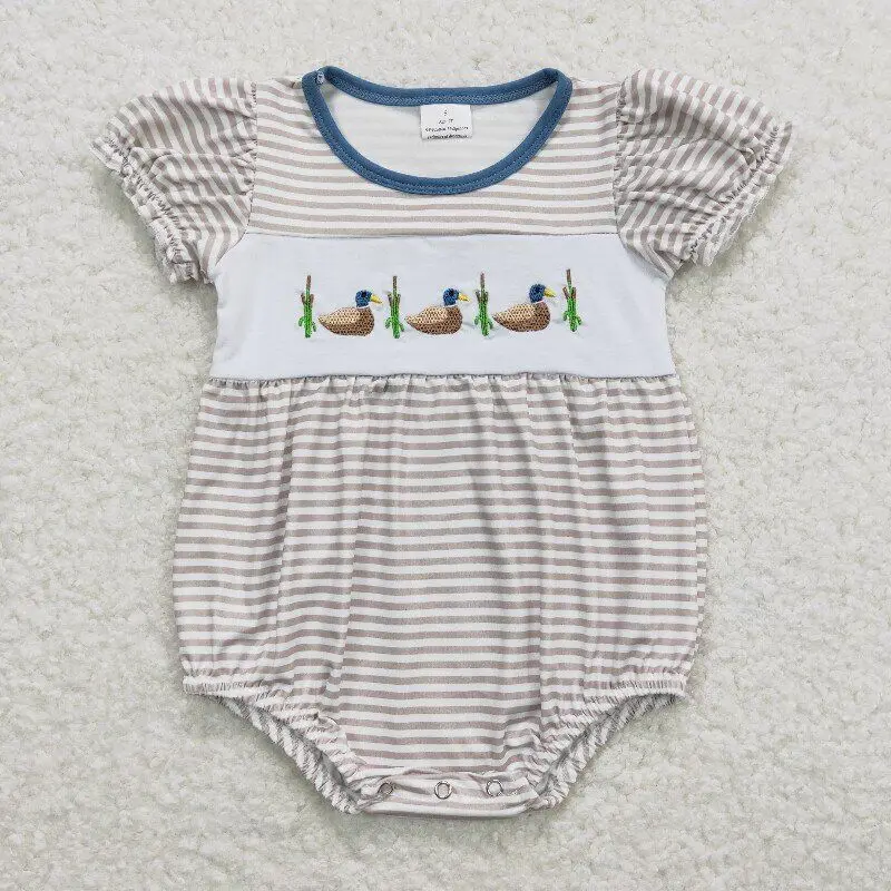 RTS Baby Newborn Infants Girls Grey Stripes Duck Embroidery Short Sleeve Holiday Boutique Wholesale Spring Sleepers Rompers