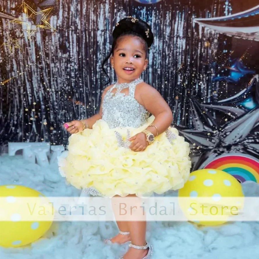 Sparkly Yellow Flower Girls Dress Beads Diamonds Beauty Pageant Cute Child Princess Dresses Custom Made Birthday Party Gown