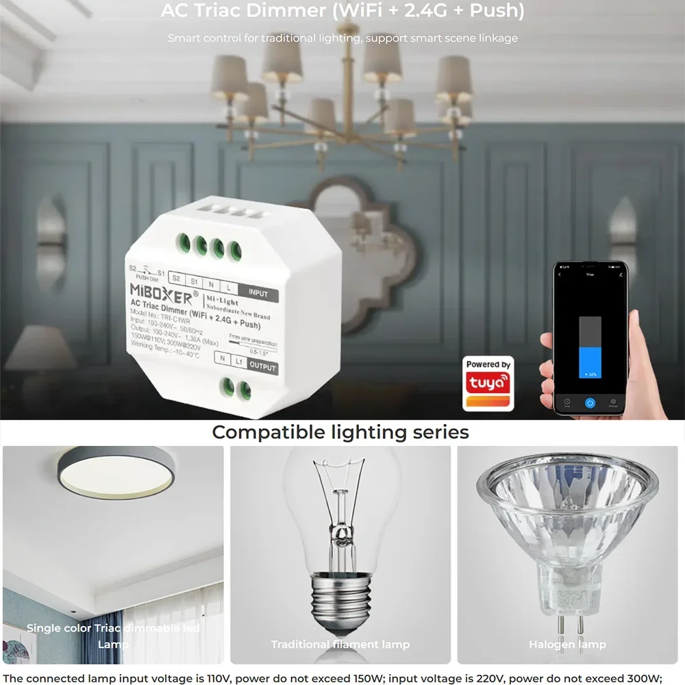 Miboxer Tuya WiFi AC Triac Dimmer 2.4G Push Dimming RF Rotating Panel Remote Voice Control For Alexa Google Home Smart Life APP