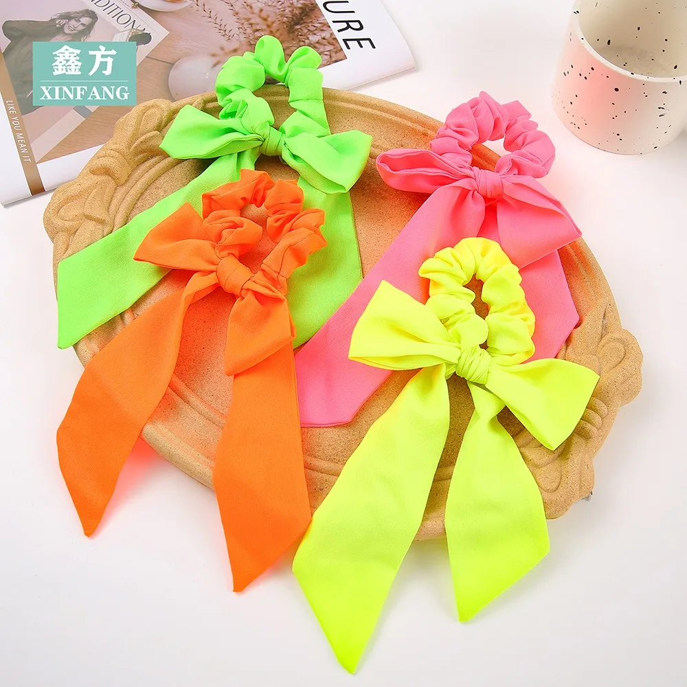 1pcs Hair Band kids Hair Binding Vintage Bow Headdress fluorescent color Hair Ring Binding Hair Bow Ribbon Headrope