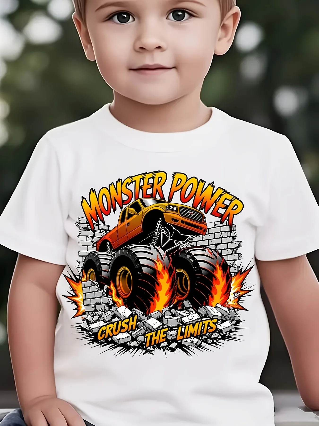 Flame Monster Truck Break Wall Power Slogan Print Family Matching Cottn Tees Short Sleeve Tops For Mom Dad Boys Girls Daily Wear