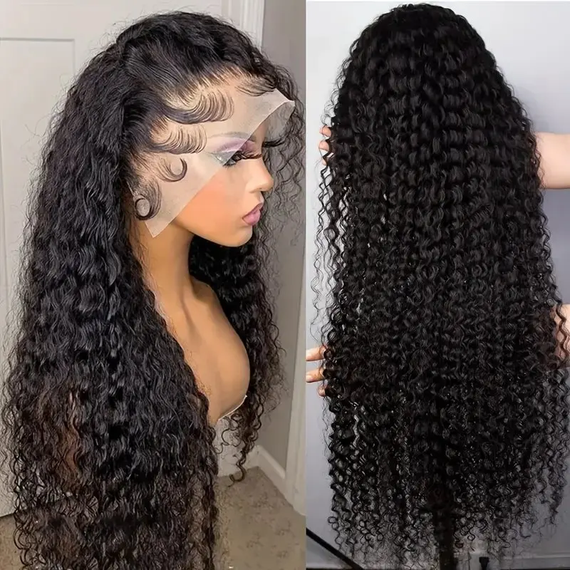 Natural Black 13x6 Curly Lace Front 13x4 Frontal Wig Glueless Deep Wave 40 Inch Human Hair Wigs  For Women Full 150% Brazilian