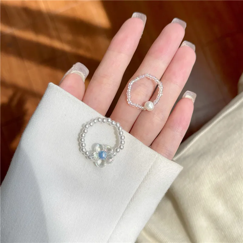 Anillo brillante de perlas de imitación para mujer y niña, anillo de 2 unids/set, moda coreana, joyería estética