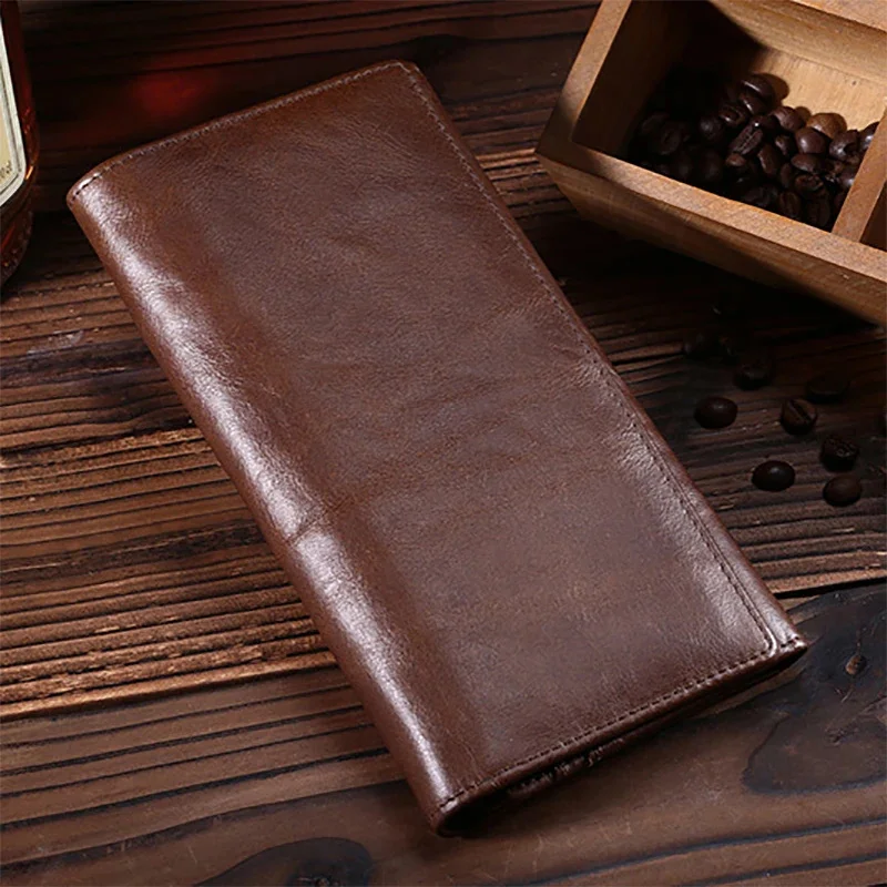 Genuine Leather Men Long Wallet Pocket Credit Card Holder Vintage High Quality Male Clutch Money Coin Bag Oil Wax Cowhide Purse