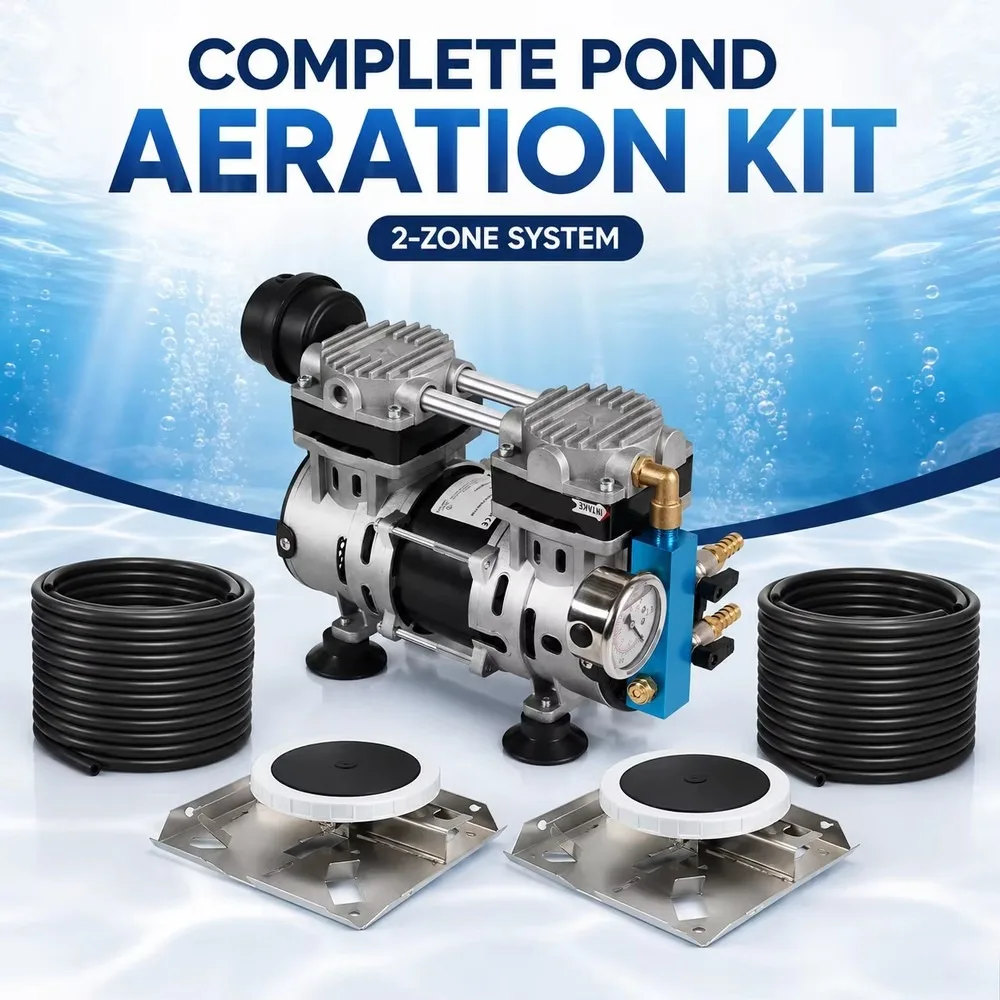 Complete Pond Aeration Kit with HC280 AC Oil-Free Compressor & EPDM Diffuser, Deep Oxygenation Up to 10m for Fish Ponds