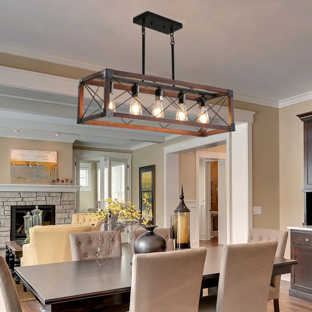 

Red Wood Farmhouse Rectangle Pendant Light Fixture 5-Light Industrial Chandelier Ceiling Light for Kitchen Island Dining Room