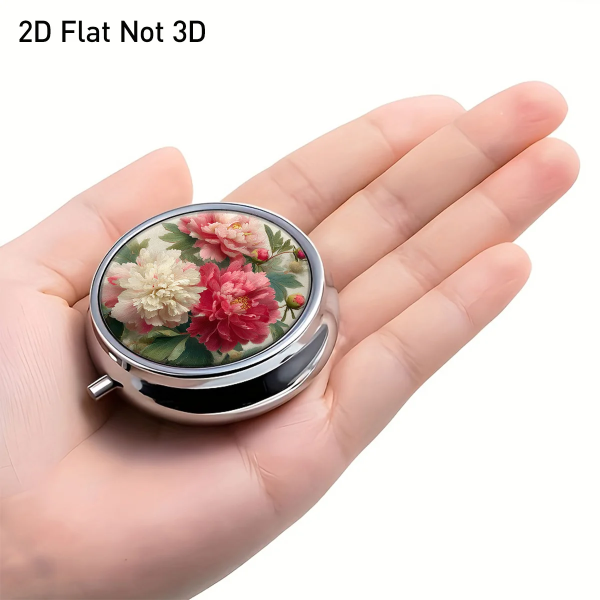 Round Metal Small Pill Box with Pink and White Peony Flower Pattern, Three-Compartment Portable Storage Box, Portable Storage Box for Small Items, Jewelry, Medicines, and Vitamins, Elegant Floral Appearance, Compartmentalized Storage for Easy Access, Compact and Portable, Suitable for Home, Travel, and Daily Use