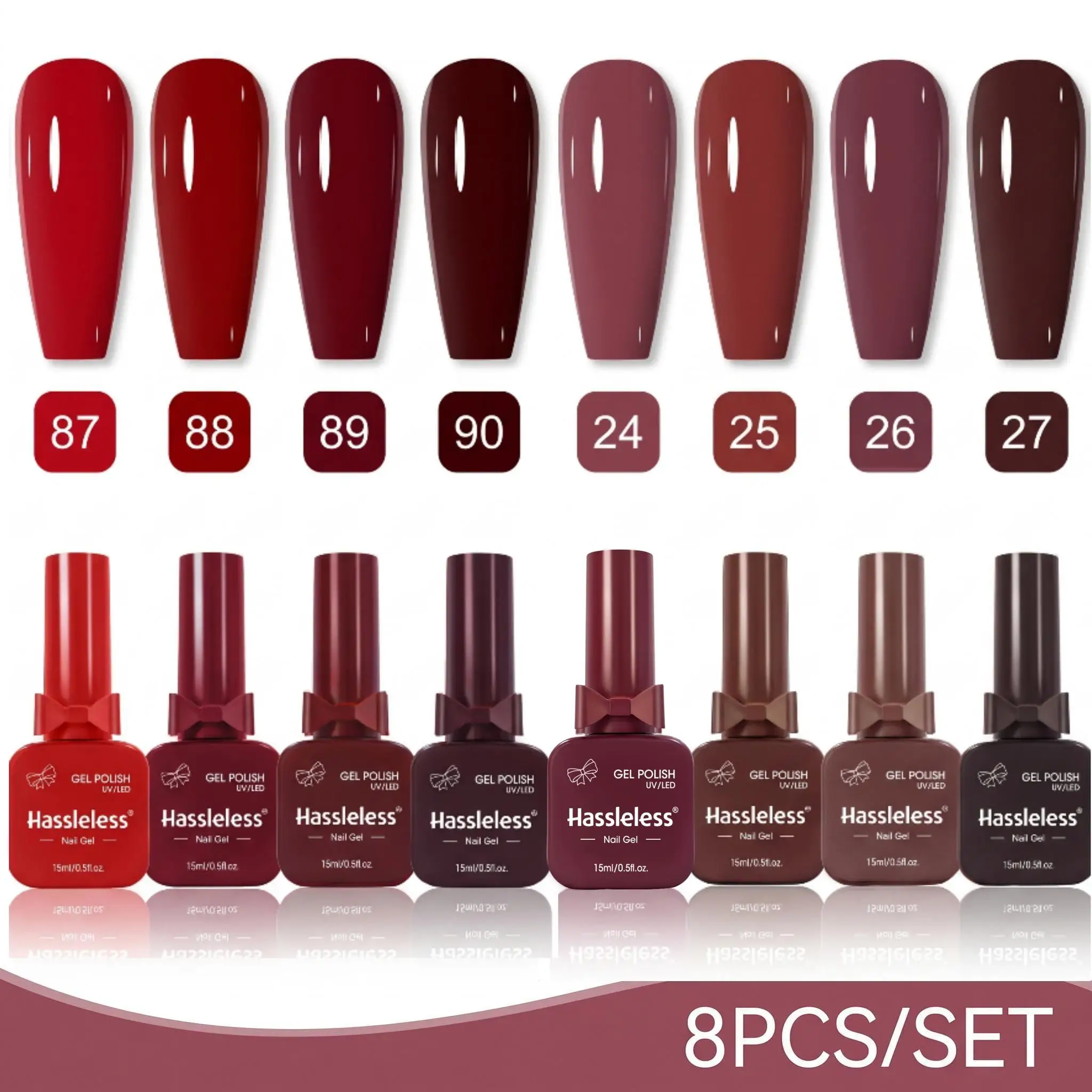 Hassleless Autumn/Winter Vintage Red-Brown 8-Piece Gel Polish Set, high-gloss mirror effect, smooth application with even color distribution, long-lasting color that is not prone to peeling off, suitable for home DIY c