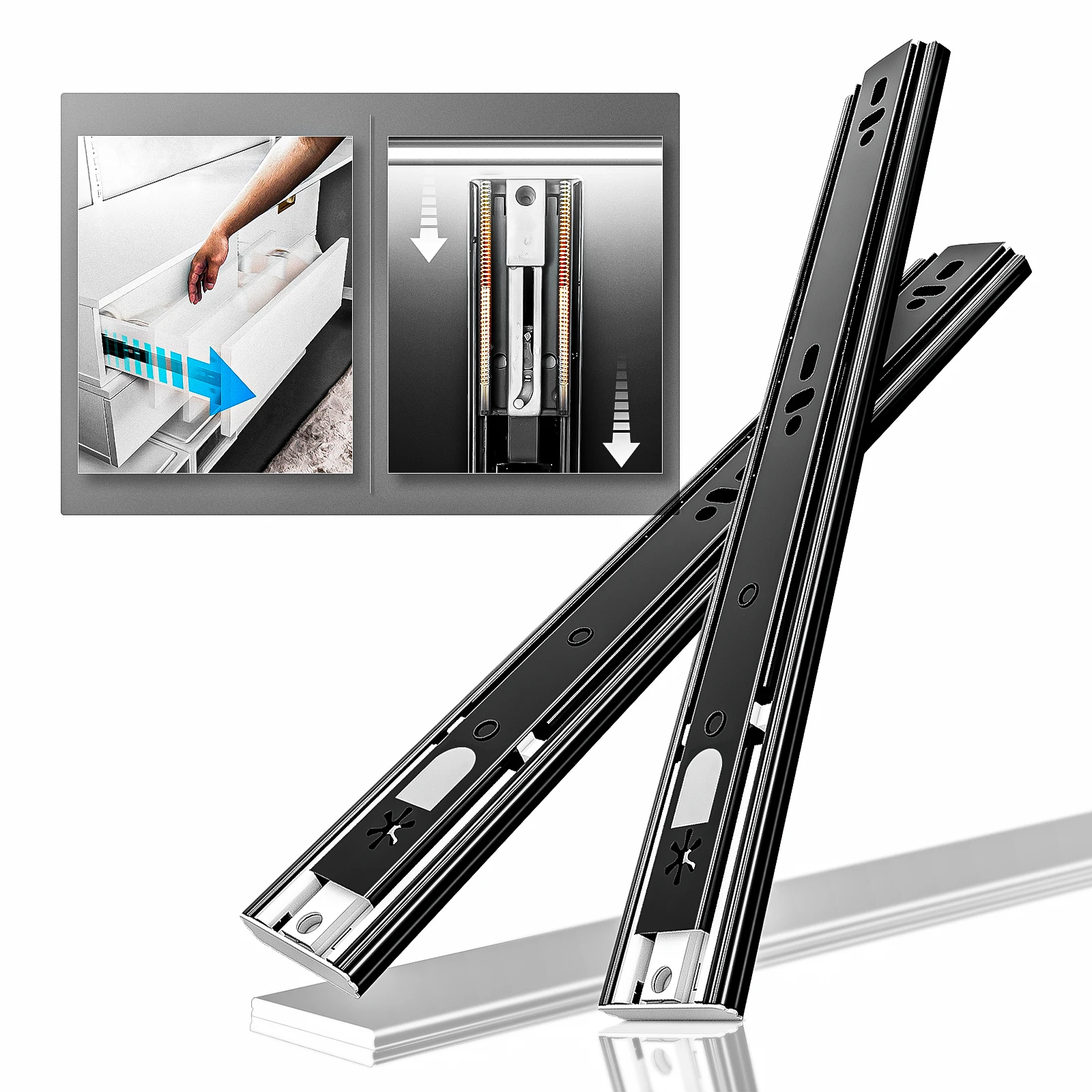 AOLISHENG 14-20 inches, 1 pair (2 pieces) three-section drawer slide, fully extended cold-rolled steel push-to-open  45mm