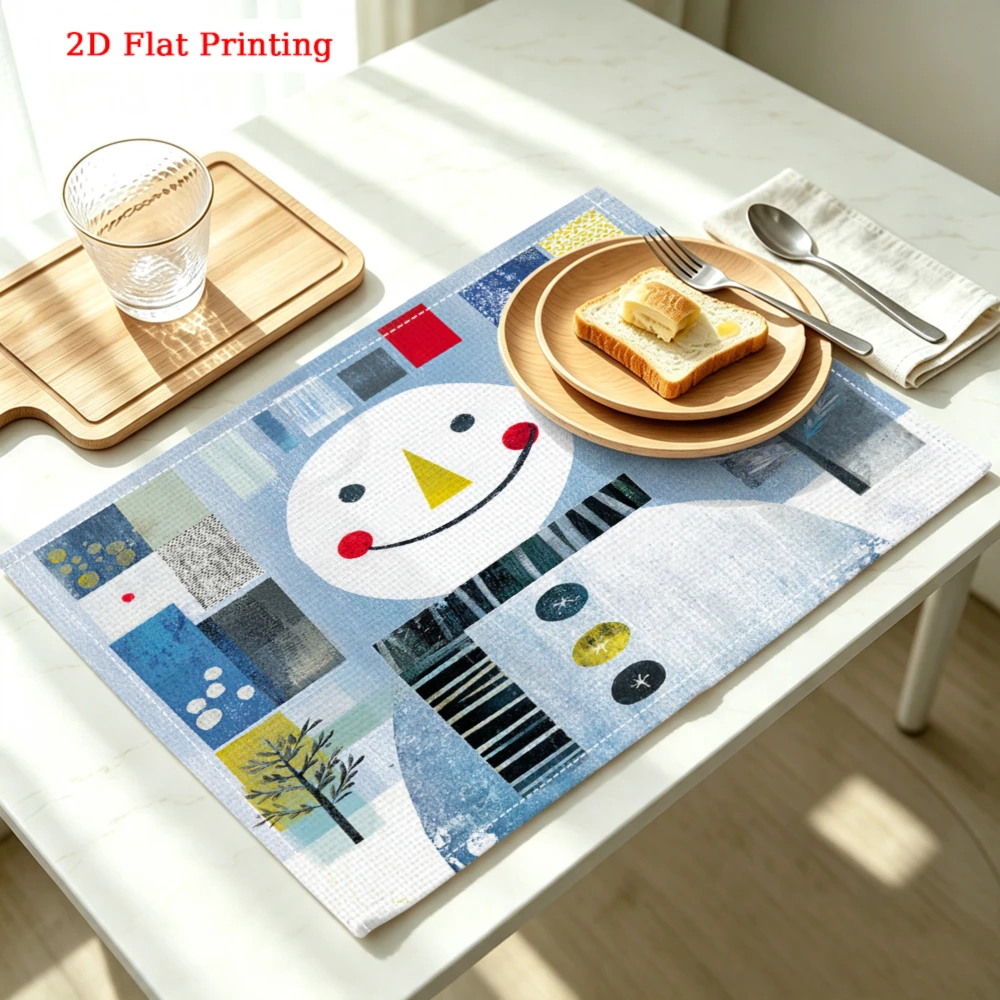 1pc Cute Cartoon Snowman Placemat Blue Winter Theme 2d Flat Printing Table Mat For Kitchen Dining Home Decor 30x40cm Cover