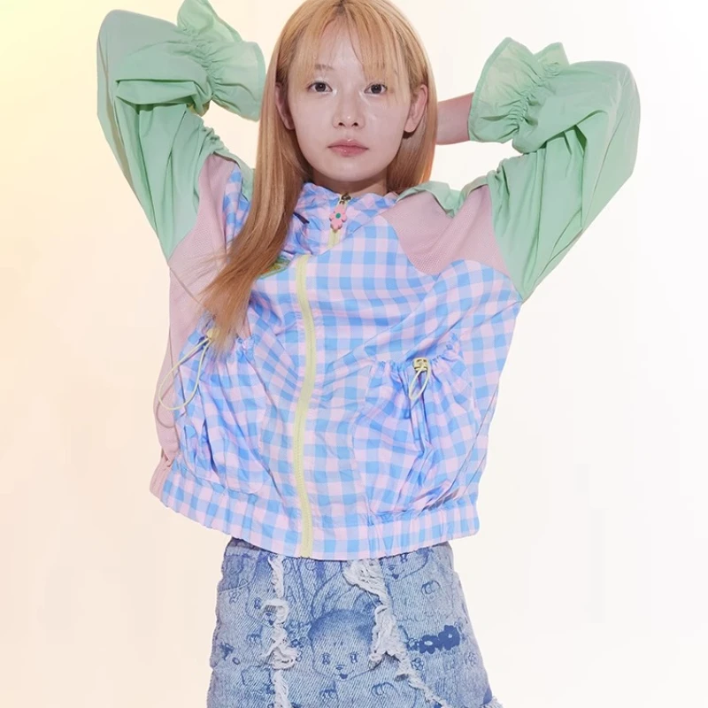 2025 Spring And Summer Thin Plaid Splicing Hooded Women's Jacket New UV Protection Loose Versatile Sunscreen Clothing Ladies