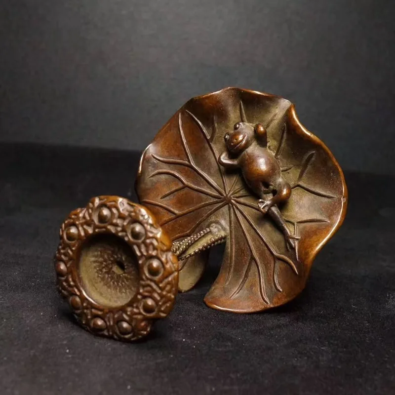 Solid copper lotus leaf and frog-shaped backflow incense holder, small decorative piece, copper tea pet, tea accessory, copper s