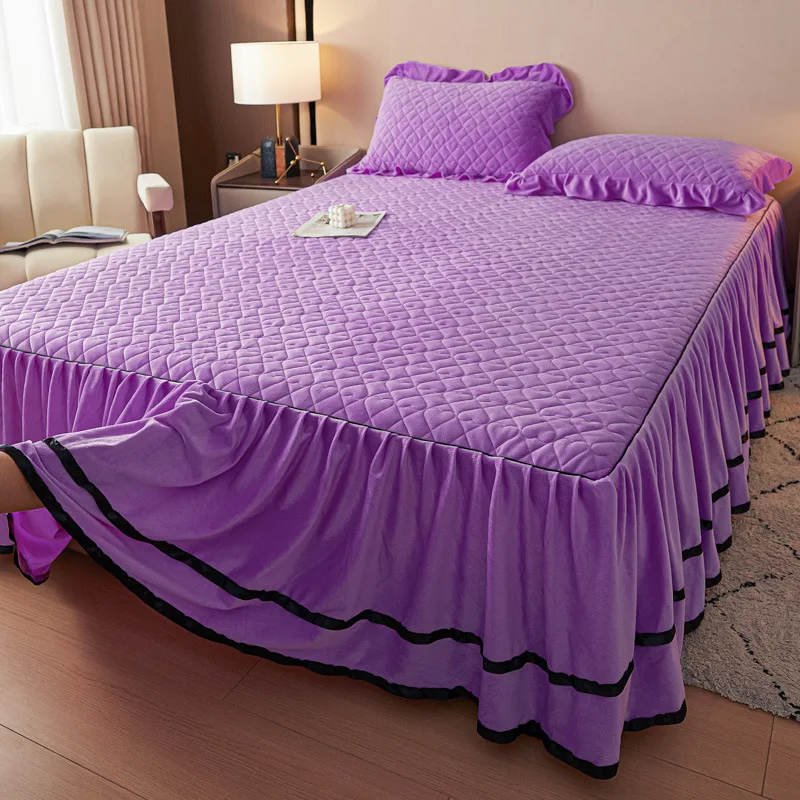 2024 new European padded milk fleece bed skirt single piece winter thickened mattress protective cover coral fleece bed skirt