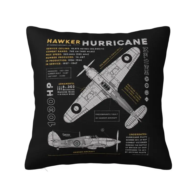 Custom Spitfires Hawker Hurricane Cushion Cover 45x45cm Fighter Plane WW2 War Pilot Aircraft Airplane Soft Luxury Pillows