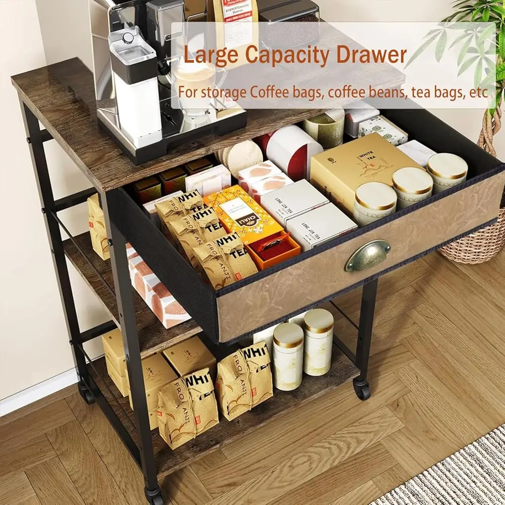 Coffee Bar Cart With Storage, 3-Tier Coffee Table With Drawer For Home Buffets & Sideboards,Coffee Station Corner Table With