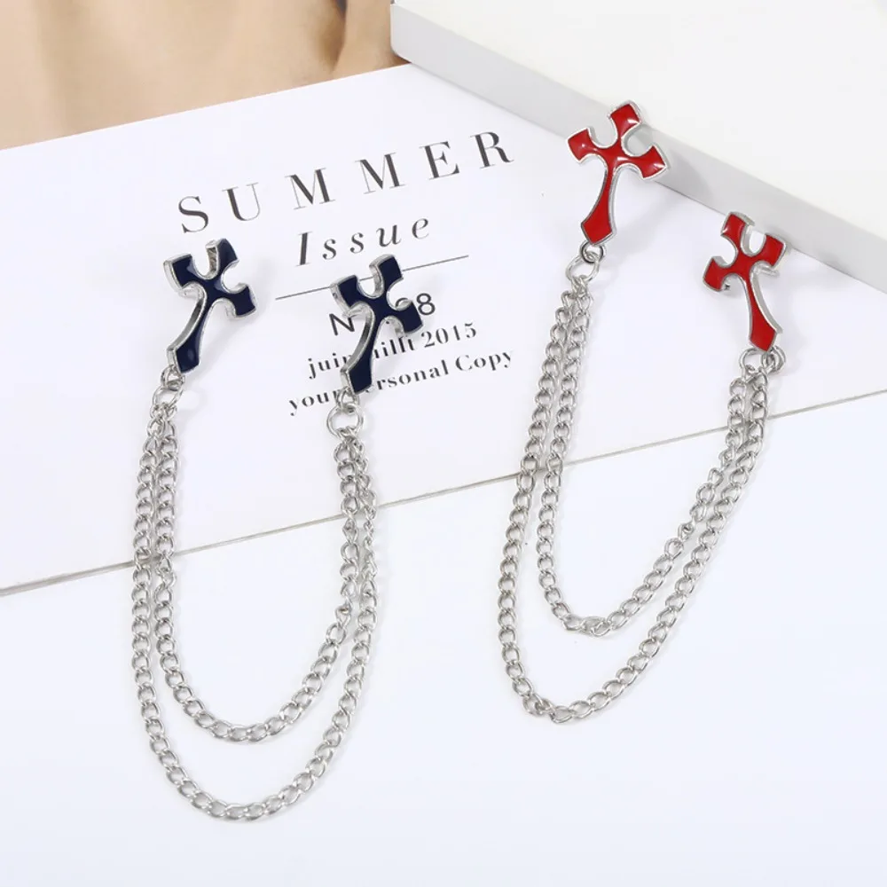 New Fashion Cross Tassel Chain Brooch Pin Shirt Suit Collar Pins for Women and Men Decorative Clothing Jewelry Accessories