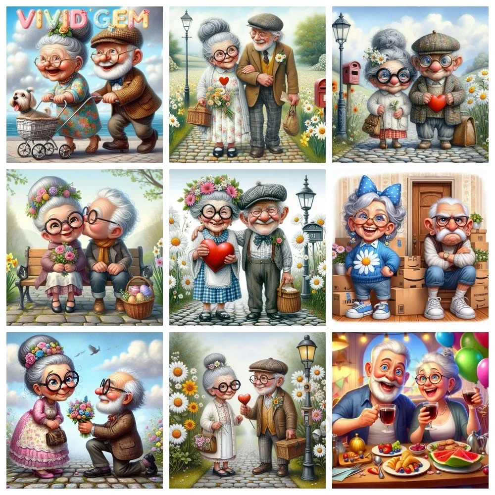 VIVID GEM Cartoon Glückliches Älteres Paar 5D Vollrunde Diamant-Malerei-Sets, Niedliche Großmutter und Großvater DIY-Mosaik-Stickerei