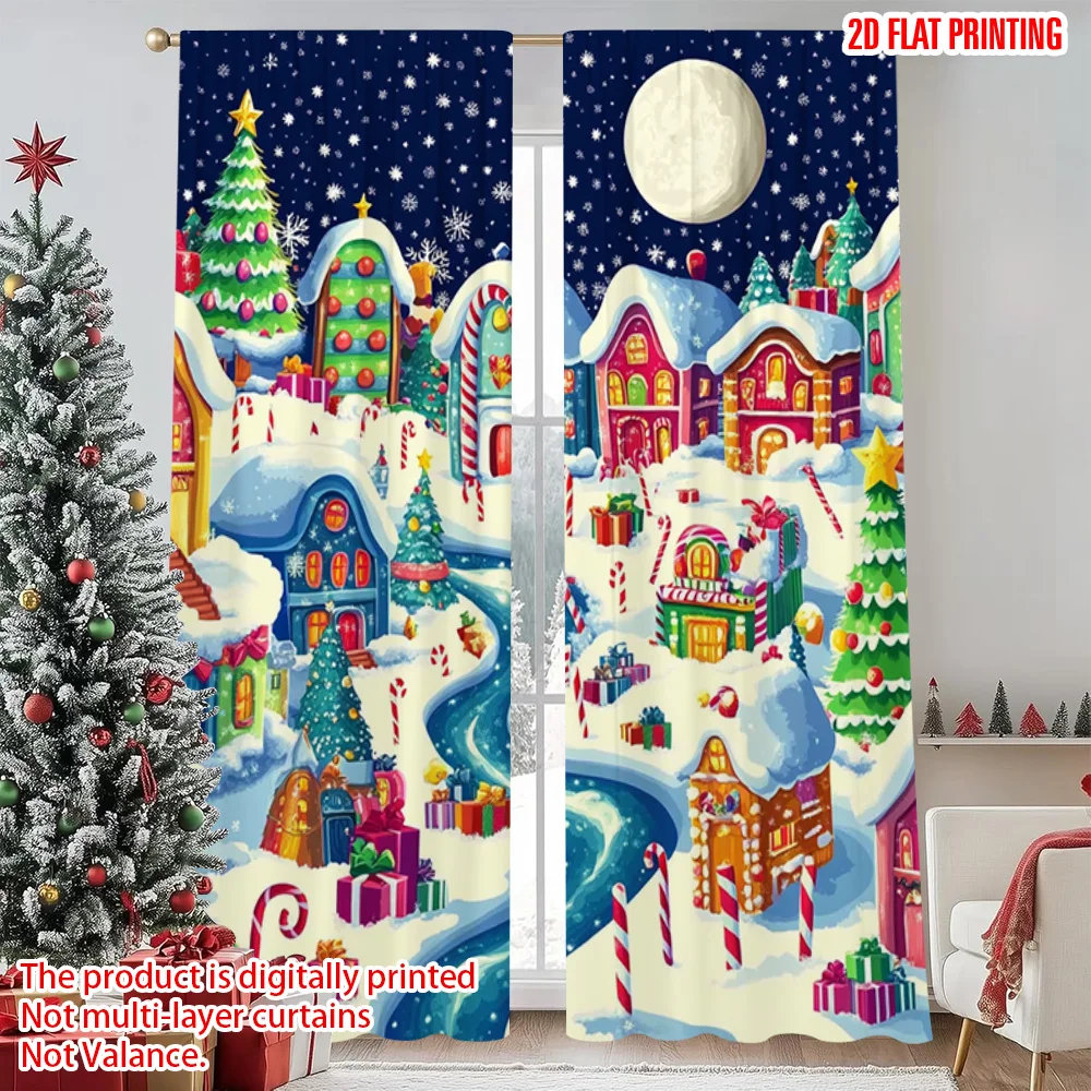 

2pcs 2D flat printing Merry Christmas Window Drapes Gingerbread House and Snow Scenery 100% Polyester Without Electricity Party